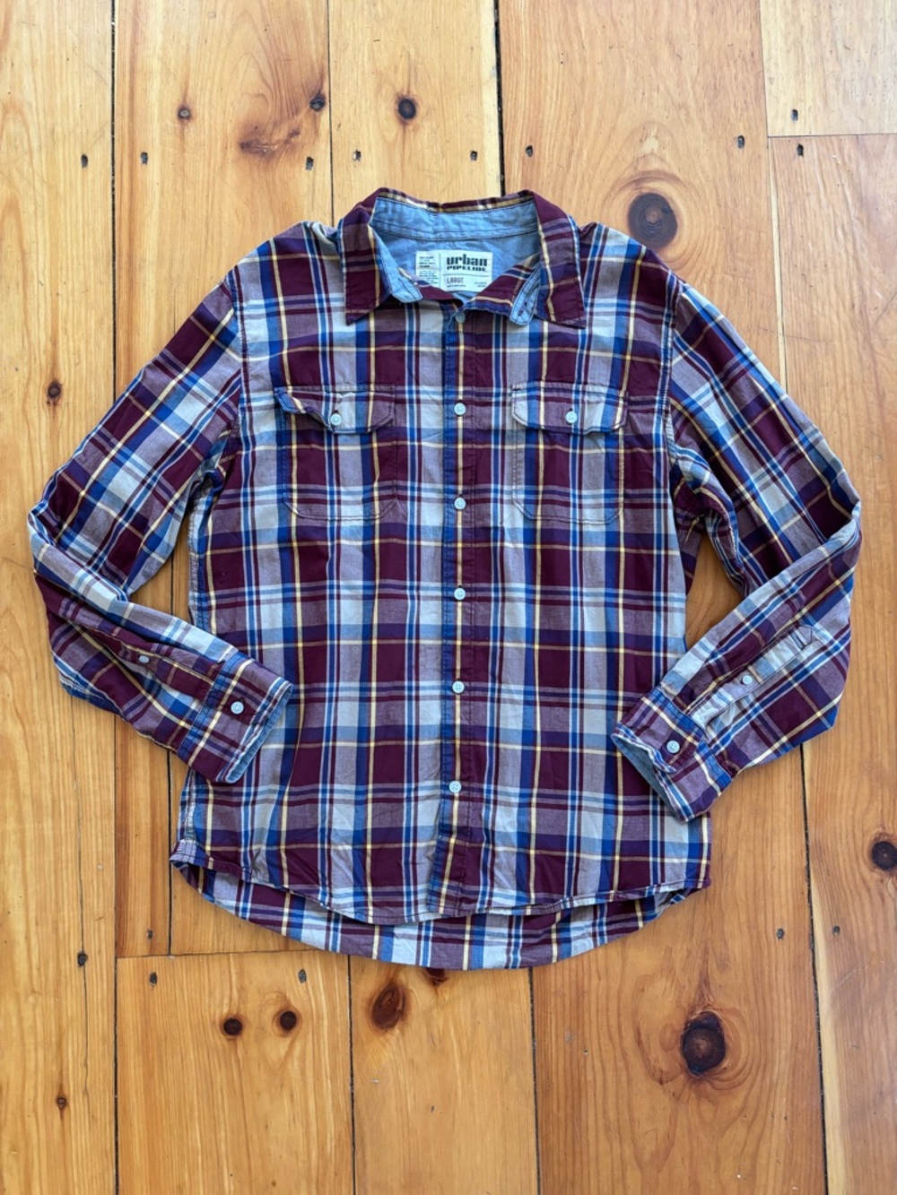 urban pipeline Men’s Burgundy and Cream Plaid Button-Down Shirt Large
